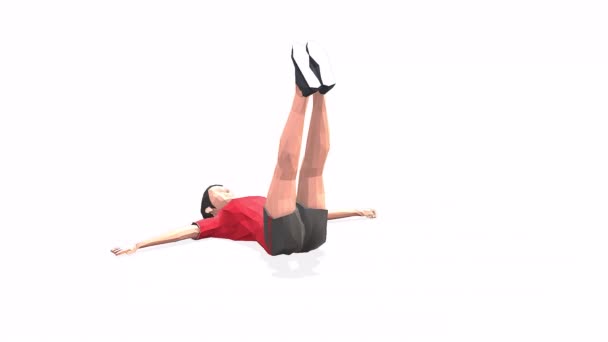 jedna noha Žena cvičení animace 3D model na bílém pozadí v červeném tričku. Pohled kamery Low Poly StyleOtočný. - Záběry, video