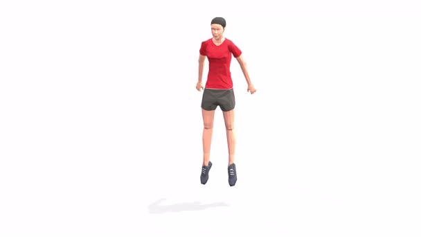 salto sqaat Mulher exercício animação modelo 3d em um fundo branco na camiseta vermelha. Low Poly StyleVisão da câmera giratória. - Filmagem, Vídeo