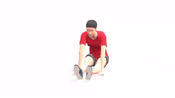 sedící noha zvedá Žena cvičení animace 3D model na bílém pozadí v červeném tričku. Pohled kamery Low Poly StyleOtočný. - Záběry, video
