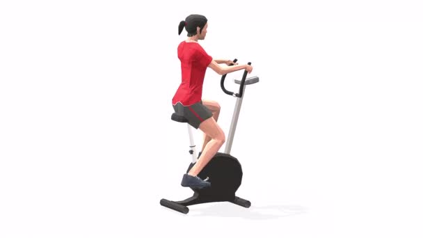  bike Žena cvičení animace 3D model na bílém pozadí v červeném tričku. Pohled kamery Low Poly StyleOtočný. - Záběry, video