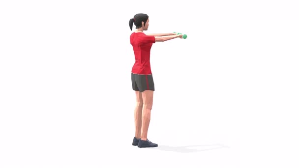 Forward Raise Žena cvičení animace 3D model na bílém pozadí v červeném tričku. Pohled kamery Low Poly StyleOtočný. - Záběry, video