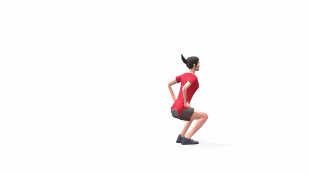  salto rana Donna esercizio di animazione modello 3d su sfondo bianco nella t-shirt rossa. Vista telecamera a basso poli stile giradischi. - Filmati, video