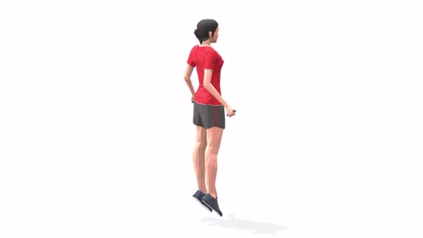  İp atlayan kadın kırmızı tişörtlü beyaz arka planda 3D animasyon modeli uyguluyor. Düşük Çoklu Stil Döndürülebilir kamera görüntüsü. - Video, Çekim