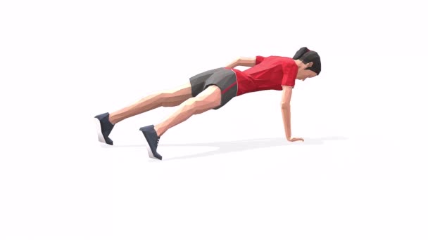 un brazo flexiones Mujer ejercicio de animación modelo 3d sobre un fondo blanco en la camiseta roja. Vista de cámara baja Poly StyleTurntable. - Imágenes, Vídeo