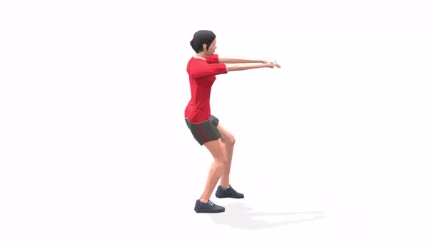  pisztoly guggoló nő testmozgás animáció 3D-s modell egy fehér háttér a piros póló. Alacsony Poly StyleLemezjátszó kamera nézet. - Felvétel, videó