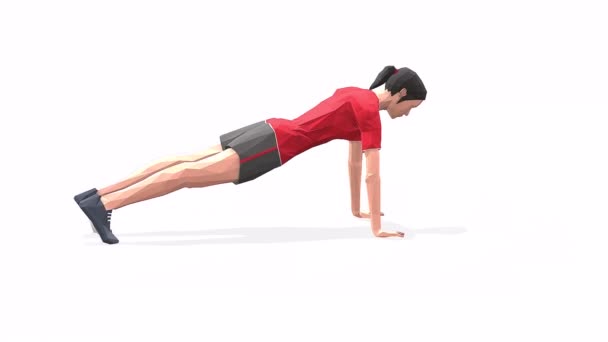 Plank Ins Žena cvičení animace 3D model na bílém pozadí v červeném tričku. Pohled kamery Low Poly StyleOtočný. - Záběry, video