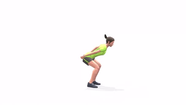 salto laterale Donna esercizio animazione modello 3d su sfondo bianco nella t-shirt gialla. Basso stile poli - Filmati, video