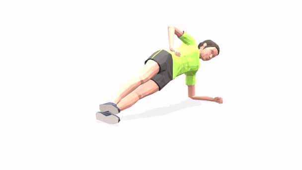 Side Plank Up & Dow Mujer modelo 3D de animación de ejercicio sobre un fondo blanco en la camiseta amarilla. Bajo estilo poli - Metraje, vídeo