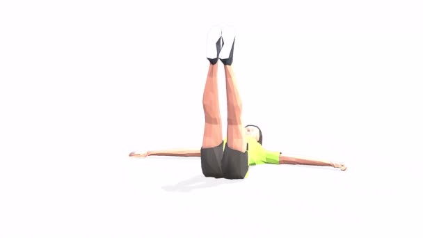 single leg raiser Žena cvičení animace 3D model na bílém pozadí ve žlutém tričku. Nízký styl poly - Záběry, video
