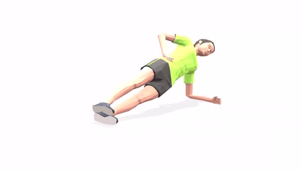 Side Plank With Leg Raise Woman gyakorlat animáció 3D-s modell fehér alapon a sárga póló. Alacsony poli stílus - Felvétel, videó