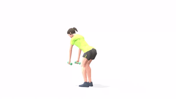 ohnutý přes zvedá Žena cvičení animace 3D model na bílém pozadí ve žlutém tričku. Nízký styl poly - Záběry, video