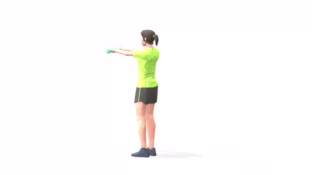 Forward Raise Woman cvičení animace 3D model na bílém pozadí ve žlutém tričku. Nízký styl poly - Záběry, video