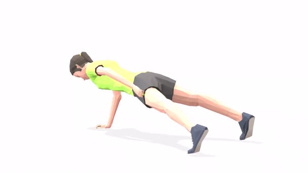 push-up con un braccio Donna esercizio animazione modello 3d su sfondo bianco nella t-shirt gialla. Basso stile poli - Filmati, video