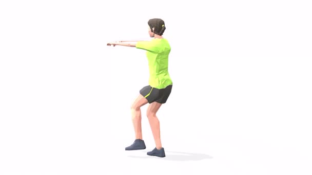 pistole squats Žena cvičení animace 3D model na bílém pozadí ve žlutém tričku. Nízký styl poly - Záběry, video