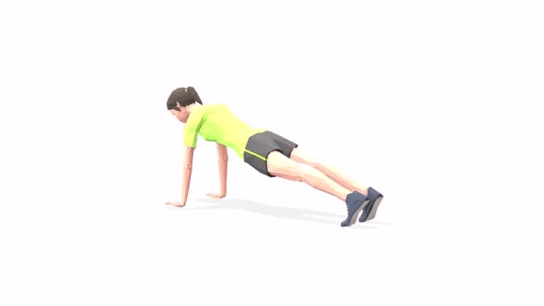Plank ins Mujer ejercicio de animación modelo 3d sobre un fondo blanco en la camiseta amarilla. Bajo estilo poli - Imágenes, Vídeo