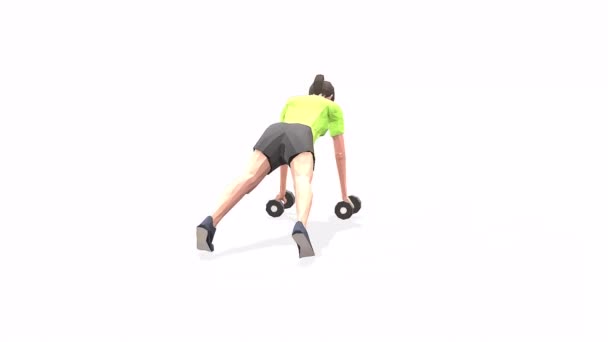 Pushups Forward Raise Mujer modelo 3D de animación de ejercicio sobre un fondo blanco en la camiseta amarilla. Bajo estilo poli - Metraje, vídeo
