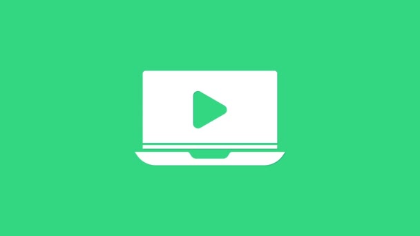 Λευκό εικονίδιο βίντεο αναπαραγωγής σε απευθείας σύνδεση απομονωμένο σε πράσινο φόντο. Φορητός υπολογιστής και ταινία με σήμα αναπαραγωγής. 4K Γραφική κίνηση κίνησης βίντεο - Πλάνα, βίντεο