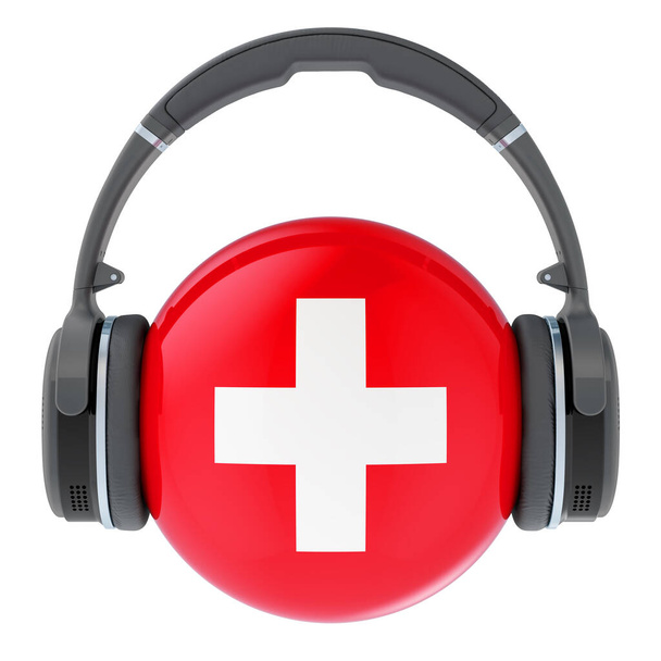 Ακουστικά με ελβετική σημαία, 3D απόδοση απομονώνονται σε λευκό φόντο - Φωτογραφία, εικόνα