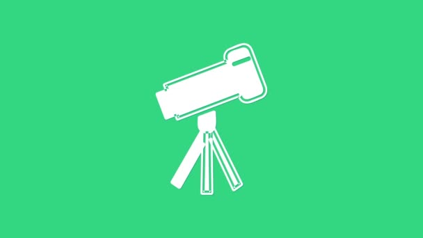Witte telescoop pictogram geïsoleerd op groene achtergrond. Wetenschappelijk instrument. Opleiding en astronomie element, verrekijker en studie sterren. 4K Video motion grafische animatie - Video