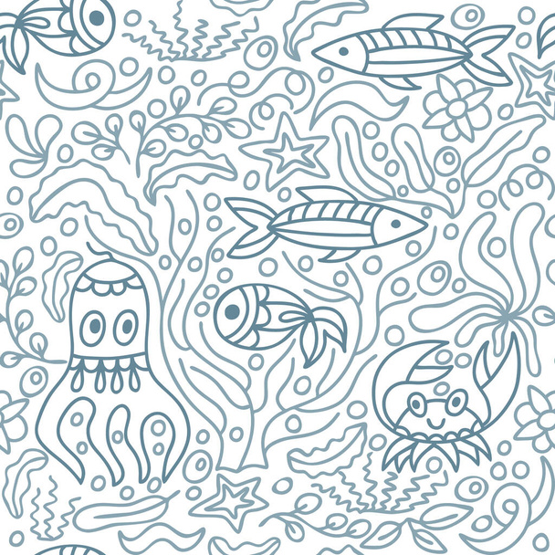 Начерк підводних тварин безшовний візерунок ізольований на білому. Ескіз ручного малювання художньої лінії. Морське життя. Векторна стокова ілюстрація. ЕПС 10
 - Вектор, зображення