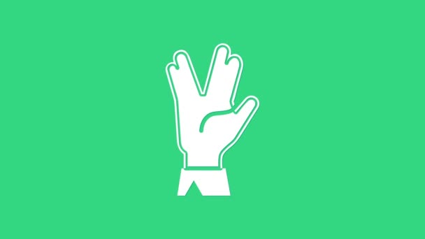Белый вулканский салют значок изолирован на зеленом фоне. Рука с вулканским приветствием. Символ Спока. Видеографическая анимация 4K - Кадры, видео