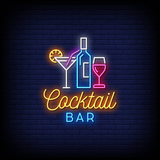 light banner for poster in neon style, neon signs, LED neon light lettering "cocktail bar" with bottle and glasses - Vetor, Imagem