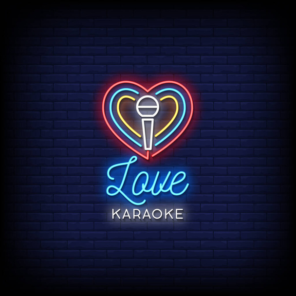 light banner for poster in neon style, neon signs, LED neon light lettering "love karaoke" with microphone in heart - Vecteur, image