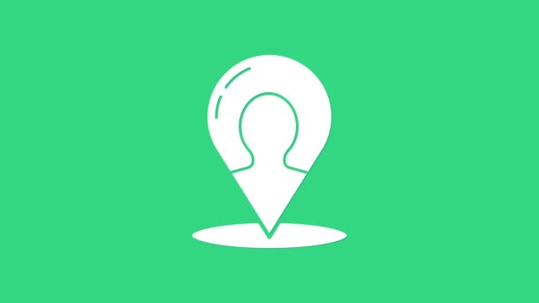 Mapa blanco marcador con una silueta de una persona icono aislado sobre fondo verde. Símbolo de ubicación GPS. Animación gráfica de vídeo 4K - Imágenes, Vídeo