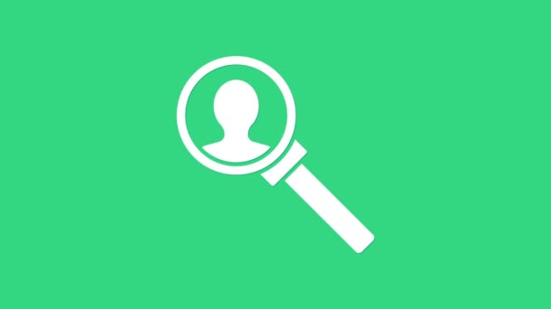 White Magnifying glass for search icon isolated on green background. Recruitment or selection concept. Search for employees and job. 4K Video motion graphic animation - Footage, Video
