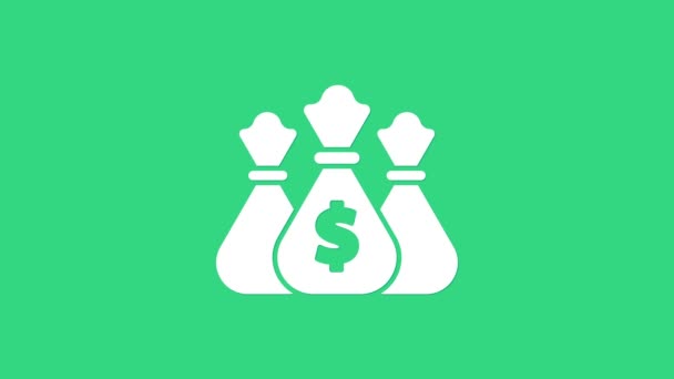Ikona torby White Money izolowana na zielonym tle. Symbol dolara lub USD. Znak waluty Cash Banking. 4K Animacja graficzna ruchu wideo - Materiał filmowy, wideo