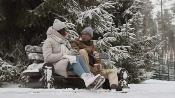Amplio tiro de joven afroamericano y su hermosa novia de pelo rizado sentado en el banco después de patinar en el parque, beber café caliente de tazas de papel y hablar - Metraje, vídeo