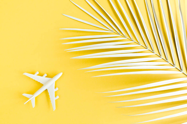 White model plane, airplane and palm leaf on yellow background. Top view, flat lay. Travel, vacation concept. - Photo, Image