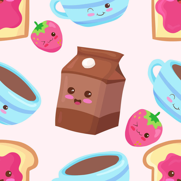Kawaii vector seamless pattern with cartoon breakfast food characters. Smiling funny happy chocolate milk package, cup of tea and strawberry jam toast. Cute children food illustration in light colors. - Vector, Image