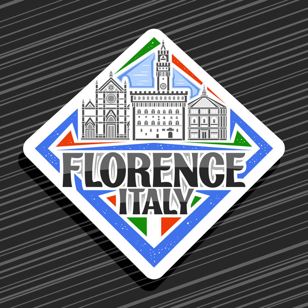 フィレンツェのベクトルロゴ、昼の空の背景にフィレンツェの街の風景のアウトラインイラスト付きホワイトロンバス道路標識、黒の単語のフィレンツェ、イタリアのためのユニークなレタリングと装飾冷蔵庫の磁石 - ベクター画像