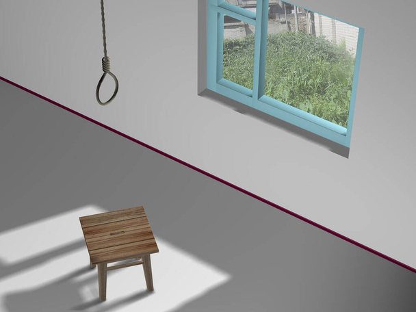 ロープ、部屋のスツール。3Dレンダリング。自殺の概念 - 写真・画像