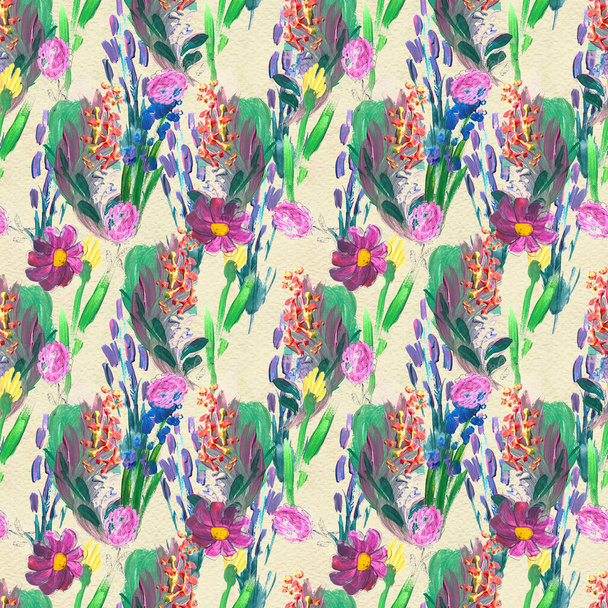 Seamless pattern with flowers. Watercolor or acrylic painting. Hand drawn floral background. - Photo, image