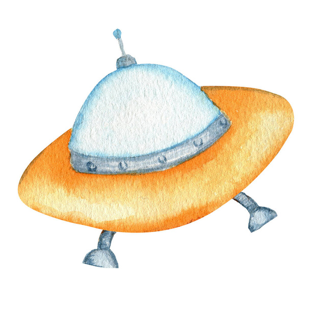 Летающая тарелка НЛО, мультяшный инопланетный корабль, неопознанный летающий объект. Иллюстрация акварелью на белом фоне - Фото, изображение