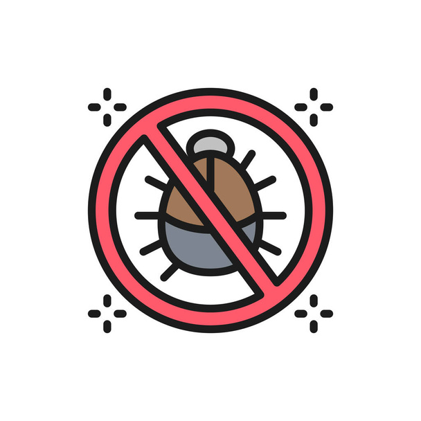 Forbidden sign with dust mites, anti allergic materials flat color line icon. - Vector, Image