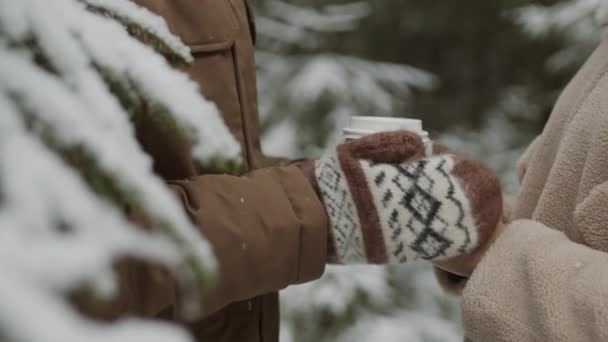 冬の森の近くに立って、コーヒーペーパーカップを保持し、認識できない女性のミトン温暖化の手を身に着けている認識できない男のクローズアップ - 映像、動画