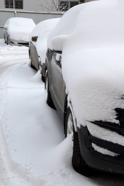 冬の雪の中で駐車場。駐車場では冬の吹雪で車が雪で覆われている。車は新鮮な白い雪で覆われている。駐車場の雪上車。冬の天候. - 写真・画像