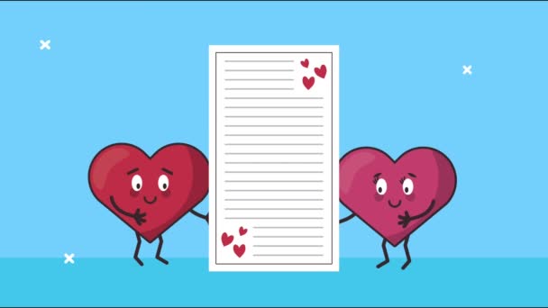 tarjeta feliz día de San Valentín con corazones pareja y carta - Imágenes, Vídeo