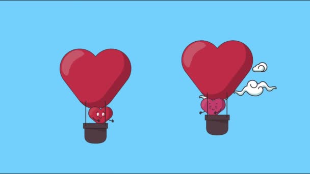 tarjeta feliz día de San Valentín con corazones pareja en globos aire caliente - Imágenes, Vídeo