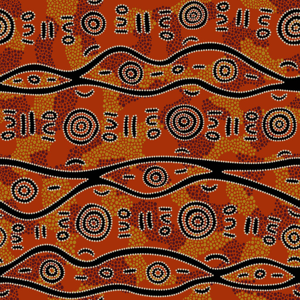 Бесшовный векторный рисунок, включая этнический австралийский мотив с красочными пунктирными различными формами и элементами на оранжевом фоне - Вектор,изображение