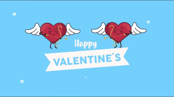 happy valentines day lettering card with hearts couple characters flying and ribbon - Footage, Video