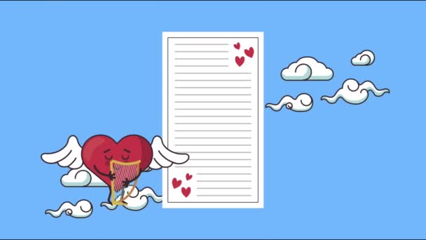 happy valentines day card with heart playing harp character - Footage, Video