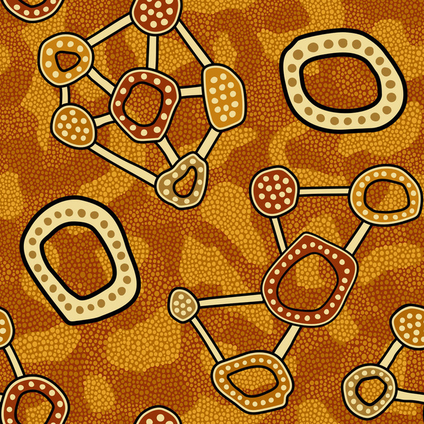 Бесшовный векторный рисунок, включающий этнический австралийский мотив с различными фигурами и элементами на цветном пунктирном фоне - Вектор,изображение