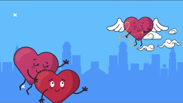 joyeuse carte de la Saint-Valentin avec groupe de coeurs sur la ville - Séquence, vidéo