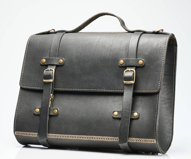 Black leather office handle bag isolated on white studio background - Photo, Image
