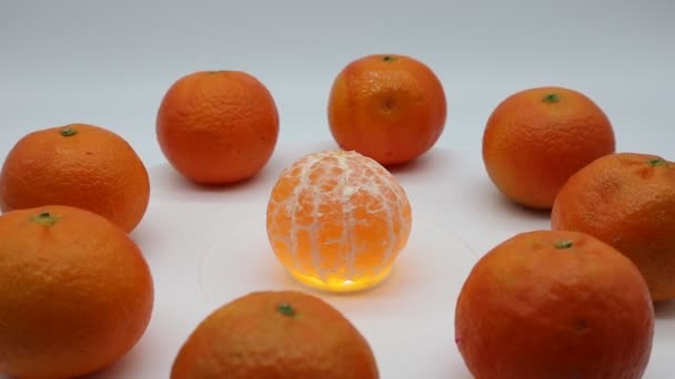 Taze mandalina portakalları beyaz arkaplanda izole bir şekilde döner ekranda - Video, Çekim