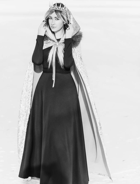 Sprookjesscène op arctisch, vrouw in koude fantasie look, zilveren haar, mantel en jurk op besneeuwde dag. Cosplay-concept - Foto, afbeelding